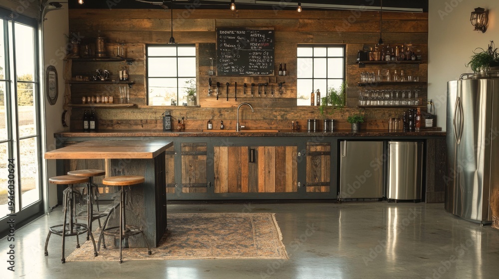Rustic Industrial Kitchen Interior with Wood Cabinets and Stainless Steel Appliances Rustic Industrial Kitchen Interior with Wood Cabinets and Stainless Steel Appliances