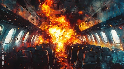 Chaotic airplane interior as an explosion fills the cabin with fire and debris, capturing the fear and pandemonium in a dynamic watercolor style photo