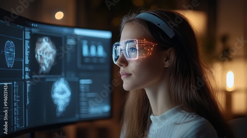 Woman Using AR Glasses to Analyze Data on Computer Screen