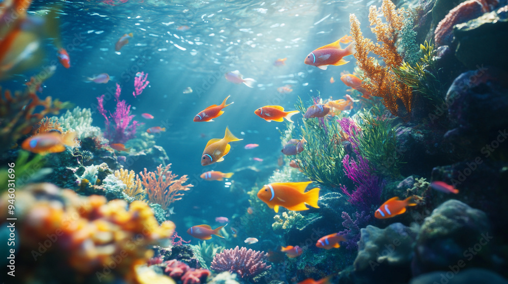 Obraz premium Vibrant coral reef teeming with colorful fish in clear tropical waters during bright daylight hours