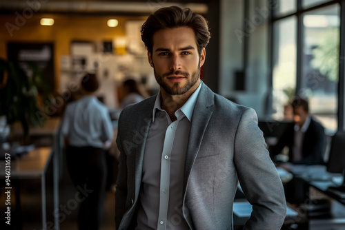 A handsome man in a gray suit, with an office background and people working behind him.