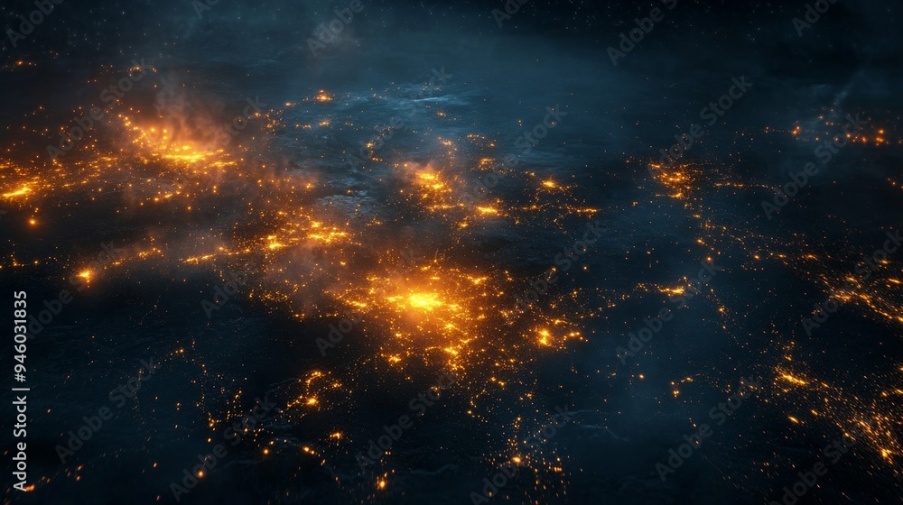 Night City Lights Aerial View with Smoke and Stars Night City Lights Aerial View with Smoke and Stars