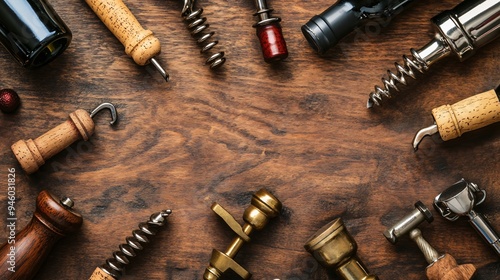 Variety of Corkscrews on Wooden Table Flat Lay with Space for Text