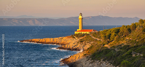 Lighthouse Stoncica at sunset light on island Vis, Croatia photo