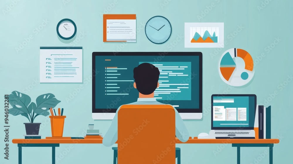 Programmer Working at Desk with Charts and Graphs Programmer Working at Desk with Charts and Graphs