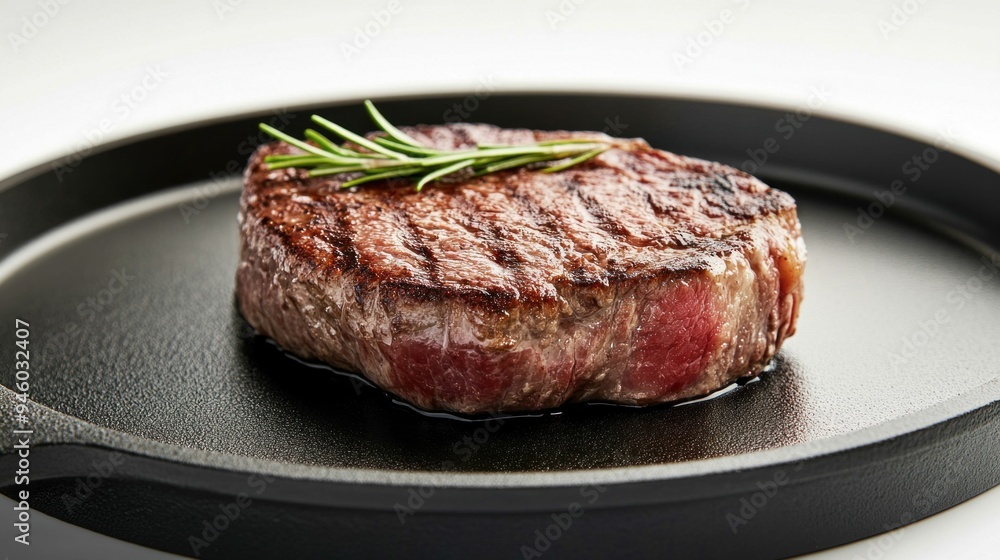 Grilled Steak with Rosemary on Cast Iron Pan. Generative ai Grilled Steak with Rosemary on Cast Iron Pan. Generative ai