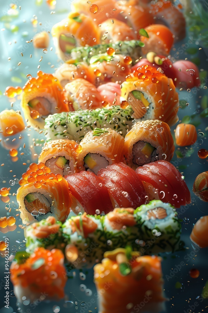 A close-up photo of a colorful sushi platter with assorted toppings, including salmon, tuna, avocado, and seaweed, suspended in air with droplets of water falling around them A close-up photo of a colorful sushi platter with assorted toppings, including salmon, tuna, avocado, and seaweed, suspended in air with droplets of water falling around them