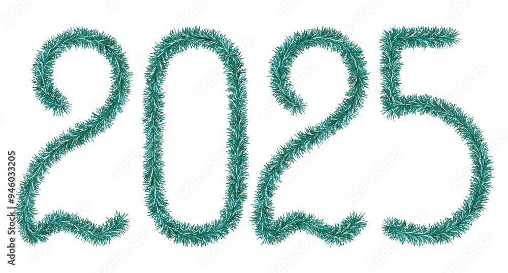 Tinsel. 2025. Lettering from festive Christmas decoration. Fluffy numbers. Green color. Vector illustration. Isolated background. Cute plush message. Coming year. Rustling lettering. Tinsel. 2025. Lettering from festive Christmas decoration. Fluffy numbers. Green color. Vector illustration. Isolated background. Cute plush message. Coming year. Rustling lettering.