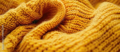 Close up of knitted sweater fabric texture of the material macro shot of a warm yellow sweater. Copy space image. Place for adding text and design