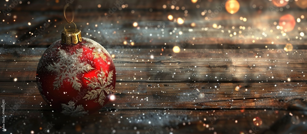 Christmas Ornament on a Wooden Background with Snowflakes Greeting Card Merry Christmas and Happy New Year. Copy space image. Place for adding text and design Christmas Ornament on a Wooden Background with Snowflakes Greeting Card Merry Christmas and Happy New Year. Copy space image. Place for adding text and design