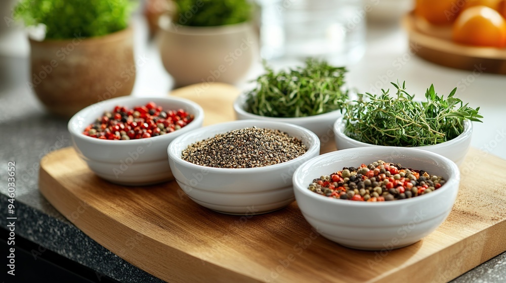 Spices and herbs in small bowls ready for cooking in a modern kitchen Spices and herbs in small bowls ready for cooking in a modern kitchen