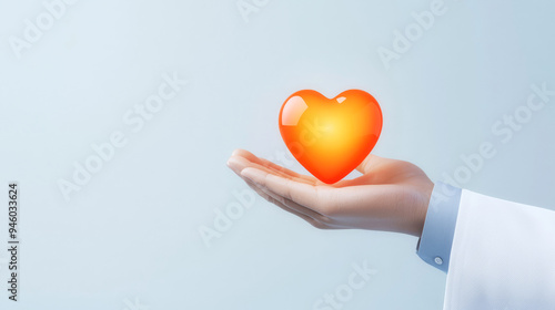 A hand holding a glowing orange heart symbolizes care, compassion, and health in a serene medical setting.