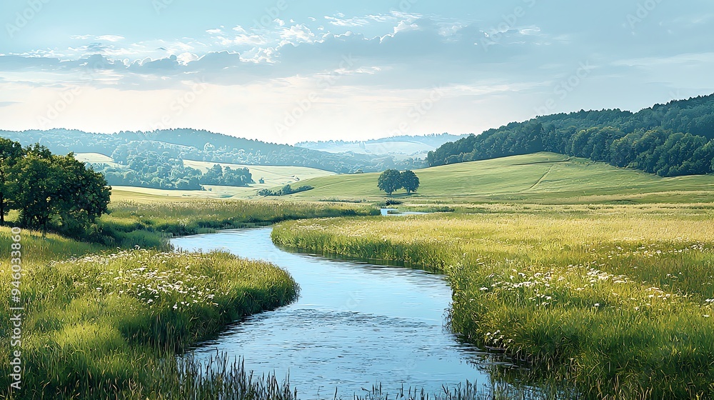 A serene river winds through a lush green meadow, painting a peaceful landscape. A serene river winds through a lush green meadow, painting a peaceful landscape.