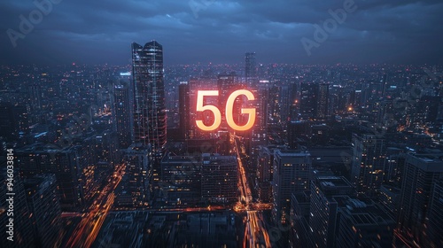 Illuminated Cityscape with 5G Network Symbol at Night photo