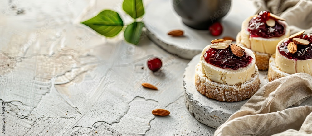 Small cheesecakes topped with jam and almonds alongside a cup of coffee on a white concrete surface with linen fabric Side view copy space Small cheesecakes topped with jam and almonds alongside a cup of coffee on a white concrete surface with linen fabric Side view copy space