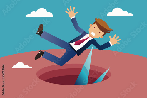Failure or mistake causing catastrophe despair, problem or risk from crisis or recession, danger or business accident, trouble, loss or pitfall concept, terrified businessman fall down into the hole
