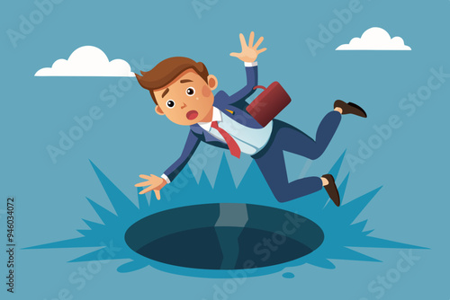Terrified Businessman Falling into a Pit, Concept of Crisis and Risk, Representing Catastrophic Mistakes and Losses in a Recession, Dramatic Situation Depiction.