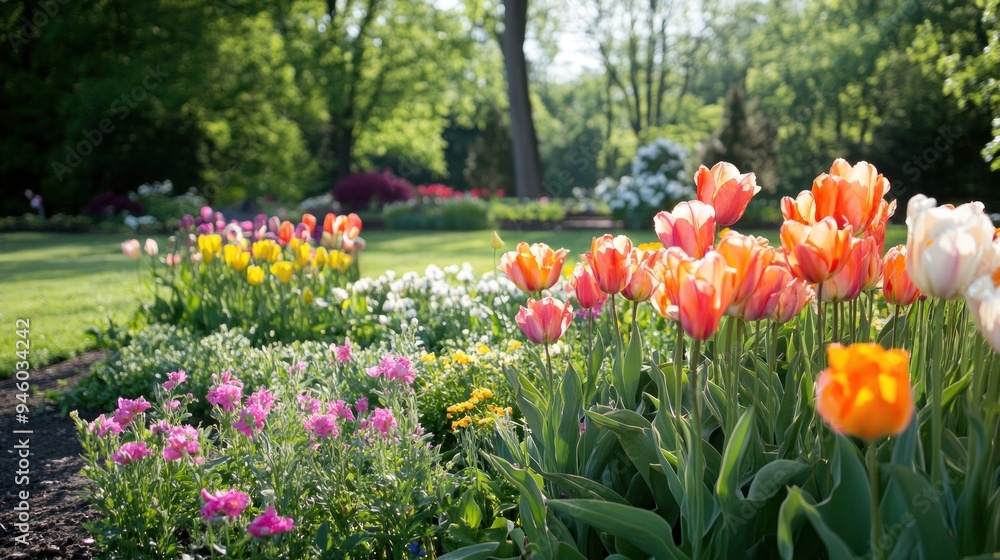 Springtime Garden with Blooming Tulips Springtime Garden with Blooming Tulips