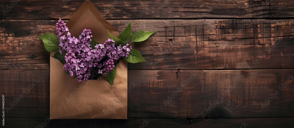 Lilac branches inside an envelope on a wooden surface. Copy space image. Place for adding text and design Lilac branches inside an envelope on a wooden surface. Copy space image. Place for adding text and design