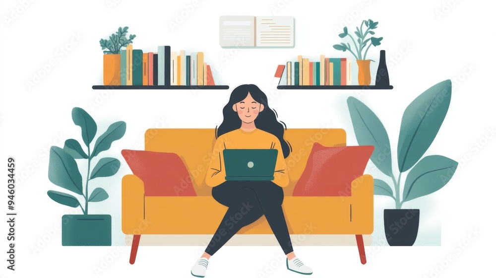 Woman Relaxing on Couch with Laptop and Plants Woman Relaxing on Couch with Laptop and Plants