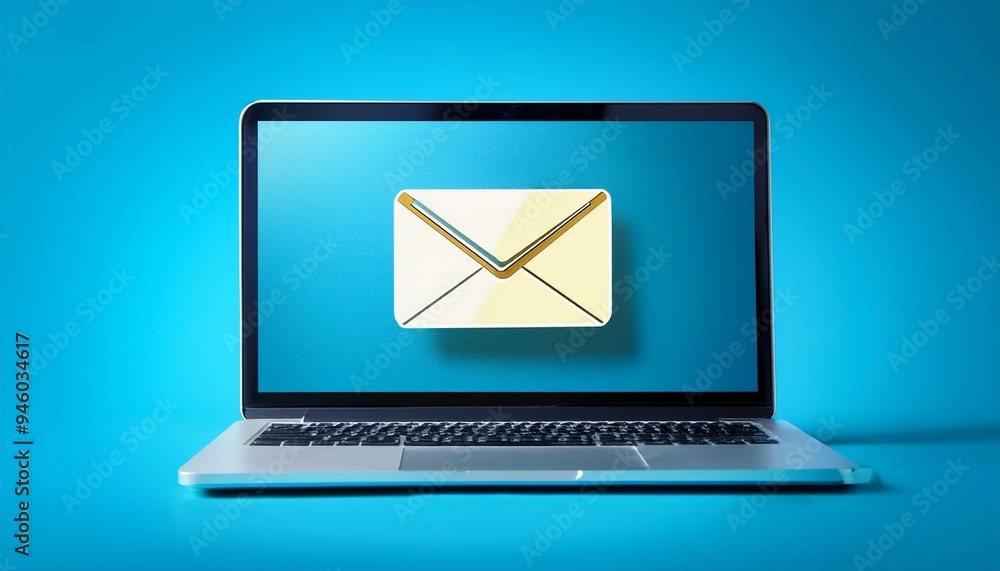 Laptop with envelope on screen, concept of sending and receiving emails, blue background, Generative AI Laptop with envelope on screen, concept of sending and receiving emails, blue background, Generative AI