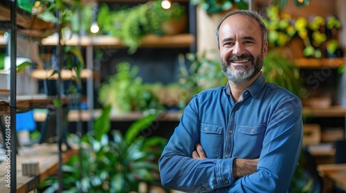 Smiling professional in a contemporary office with green plants