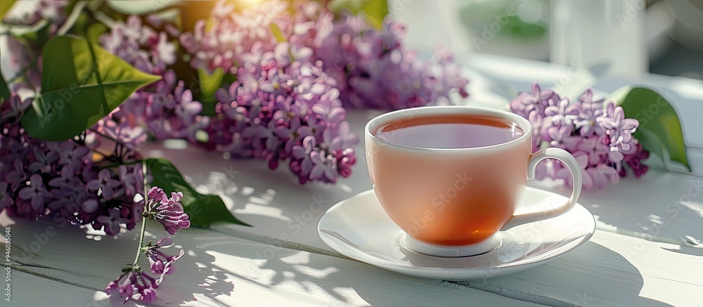 Cup of tea and a lilac branch Romantic idea Tea a romantic greeting card and flowers Copy space Cup of tea and a lilac branch Romantic idea Tea a romantic greeting card and flowers Copy space