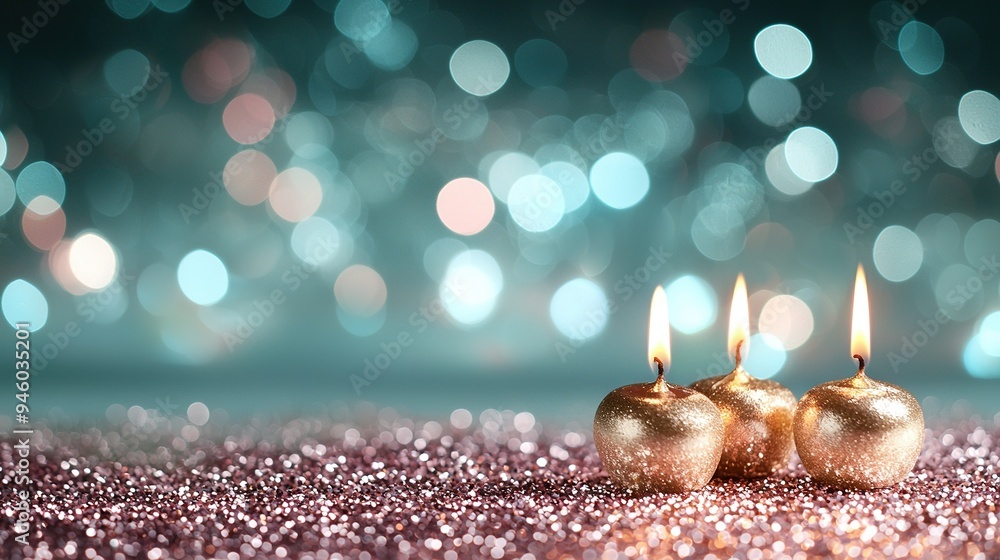 A pair of gold candles rest atop a pink glitter-covered ground with hazy light behind them A pair of gold candles rest atop a pink glitter-covered ground with hazy light behind them