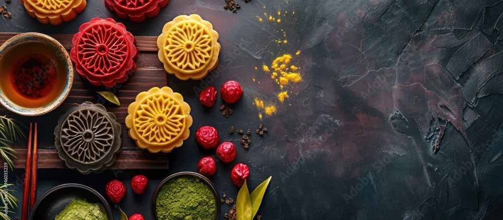 Assorted Moon Cakes with Tea for the Chinese Mid Autumn Festival featuring flavors of Red Bean Matcha Pineapple and Yolk. Copy space image. Place for adding text and design Assorted Moon Cakes with Tea for the Chinese Mid Autumn Festival featuring flavors of Red Bean Matcha Pineapple and Yolk. Copy space image. Place for adding text and design