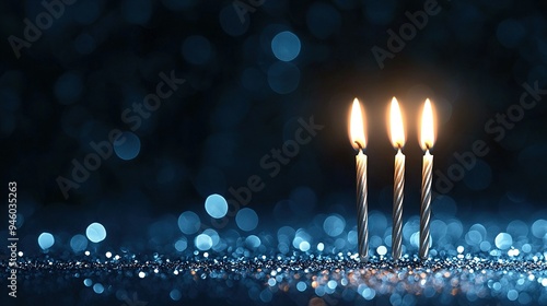   A trio of candles resting atop a table adjacent to a shimmery tablecloth and a dark background photo