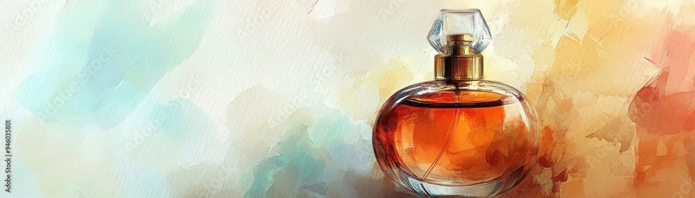Perfume bottle, warm amber and wood scent, watercolor style Perfume bottle, warm amber and wood scent, watercolor style