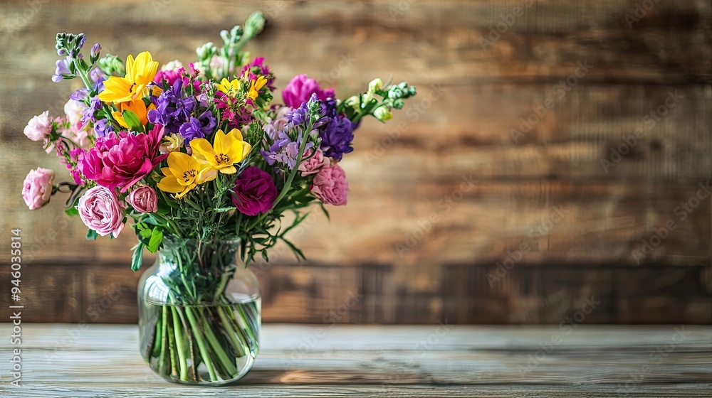 A beautifully arranged bouquet of colorful flowers in a glass vase on a wooden table. A beautifully arranged bouquet of colorful flowers in a glass vase on a wooden table.