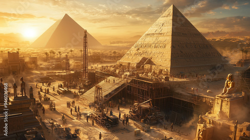 Ancient Egyptian Pyramid Construction Site at Sunset