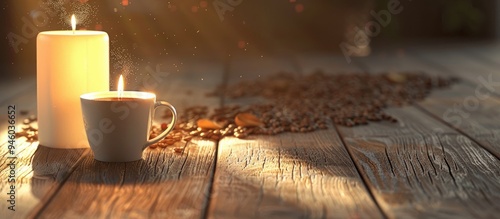 grains and a coffee cup alongside a candle. Copy space image. Place for adding text and design