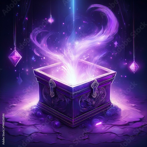 Pandora's box, purple magic coming out of fantasy box, Digital illustration, Generative AI