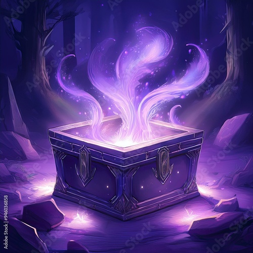 Pandora's box, purple magic coming out of fantasy box, Digital illustration, Generative AI