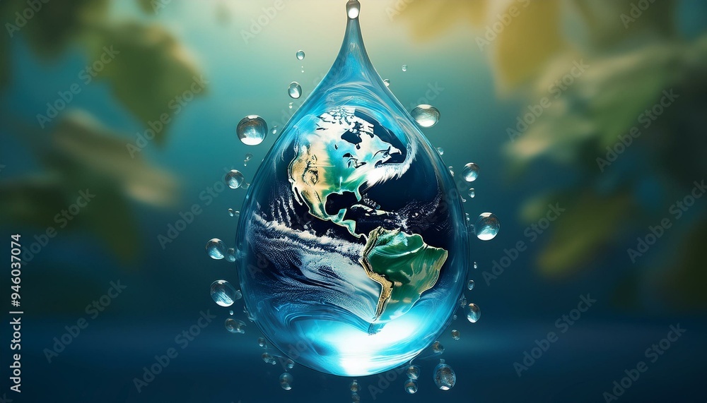 Planet earth in the shape of a water drop, world water day, concept of environmental preservation and water saving, Generative AI Planet earth in the shape of a water drop, world water day, concept of environmental preservation and water saving, Generative AI