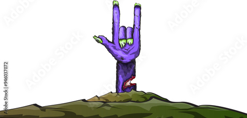 vector violet cartoon Zombie rock n roll hand isolated on white background with space for text . vector Zombie party halloween background or horizontal heavy metal poster design template
