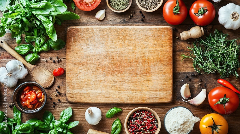 Various fresh cooking ingredients arranged on a wooden kitchen counter. Various fresh cooking ingredients arranged on a wooden kitchen counter.