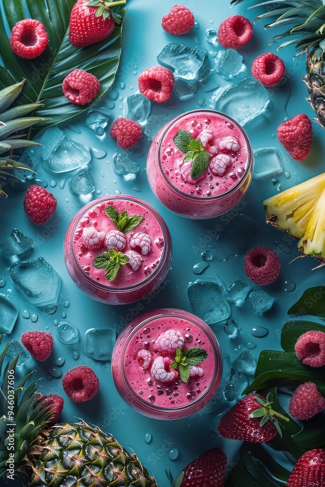 Three pink smoothies topped with raspberries and mint leaves are arranged on a teal surface with ice, pineapple, and strawberries Three pink smoothies topped with raspberries and mint leaves are arranged on a teal surface with ice, pineapple, and strawberries