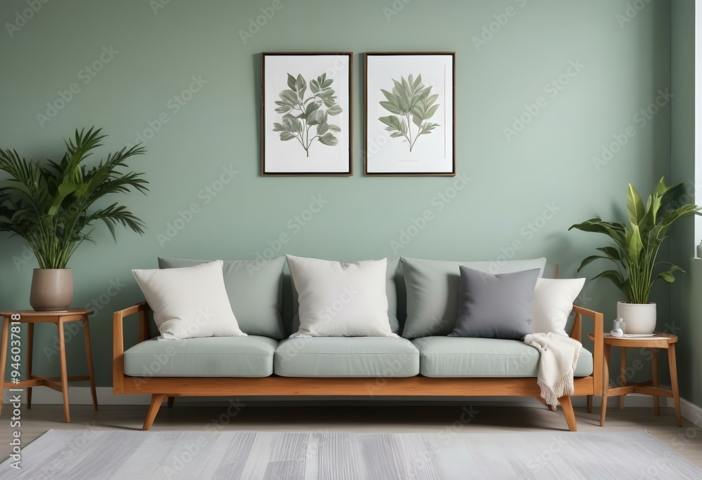 A modern living room with a light green wall, a wooden sofa with white and gray cushions, and two framed botanical prints on the wall. A modern living room with a light green wall, a wooden sofa with white and gray cushions, and two framed botanical prints on the wall.