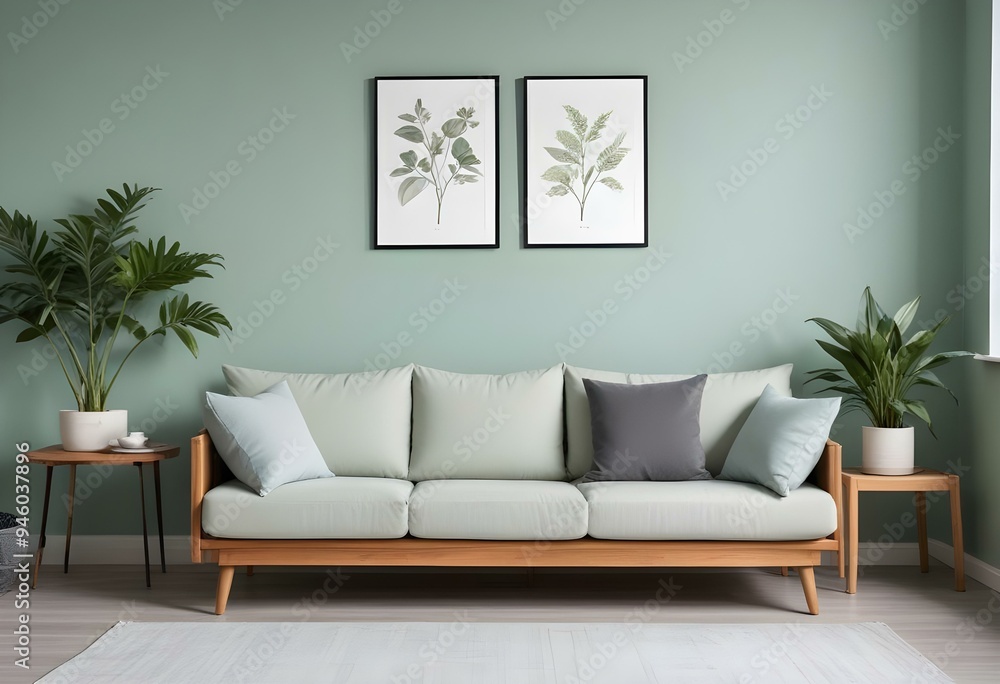 A modern living room with a light green wall, a wooden sofa with white and gray cushions, and two framed botanical prints on the wall. A modern living room with a light green wall, a wooden sofa with white and gray cushions, and two framed botanical prints on the wall.