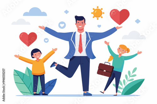 Work life balance, working lifestyle compromise with family or personal health, choice or balance between work stress and relaxation concept, businessman balance himself with heart and briefcase.
