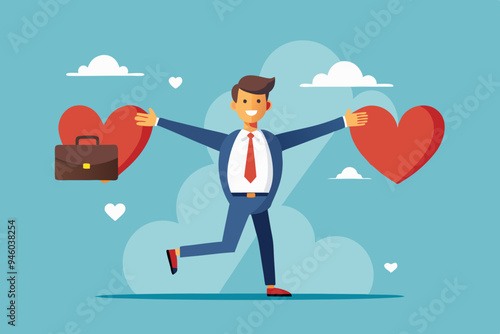 Work life balance, working lifestyle compromise with family or personal health, choice or balance between work stress and relaxation concept, businessman balance himself with heart and briefcase.
