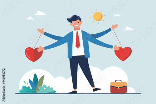 Work life balance, working lifestyle compromise with family or personal health, choice or balance between work stress and relaxation concept, businessman balance himself with heart and briefcase.
