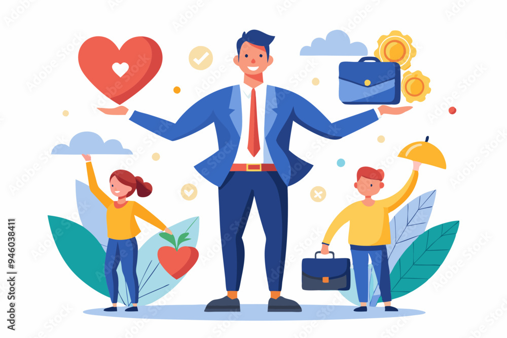 Work life balance, working lifestyle compromise with family or personal health, choice or balance between work stress and relaxation concept, businessman balance himself with heart and briefcase.
Work life balance, working lifestyle compromise with family or personal health, choice or balance between work stress and relaxation concept, businessman balance himself with heart and briefcase.