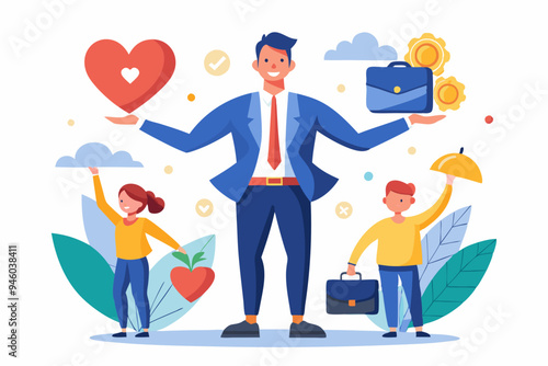 Work life balance, working lifestyle compromise with family or personal health, choice or balance between work stress and relaxation concept, businessman balance himself with heart and briefcase.
