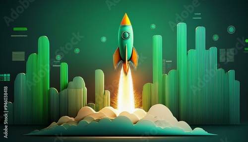 Rocket taking off and green bar graphs, successful startup concept, Generative AI