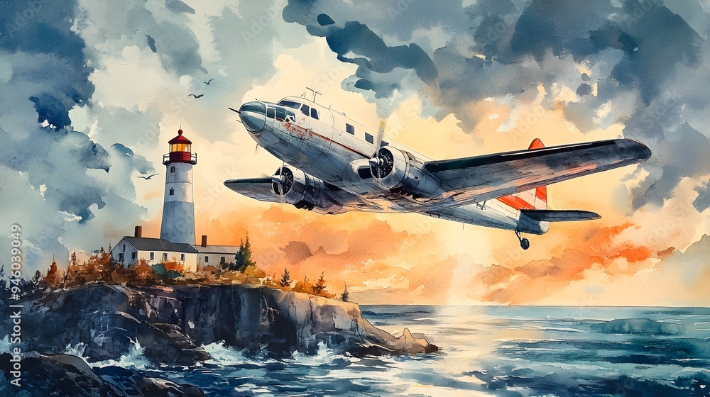 Watercolor landscape of a classic plane above a lighthouse on the coastline, the scene alive with vibrant oceanic hues Watercolor landscape of a classic plane above a lighthouse on the coastline, the scene alive with vibrant oceanic hues
