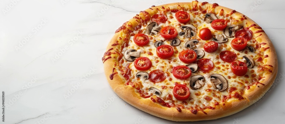 It s a mushroom cheese pizza topped with cherry tomatoes. Copy space image. Place for adding text and design It s a mushroom cheese pizza topped with cherry tomatoes. Copy space image. Place for adding text and design